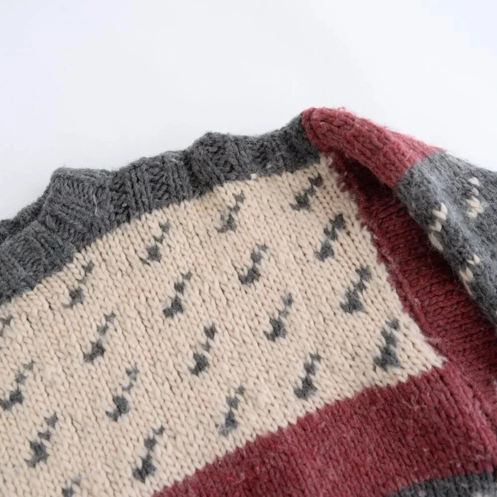 Handmade Unisex Cream And Gray Wool Crew Neck Sweater - Picture 9 of 9